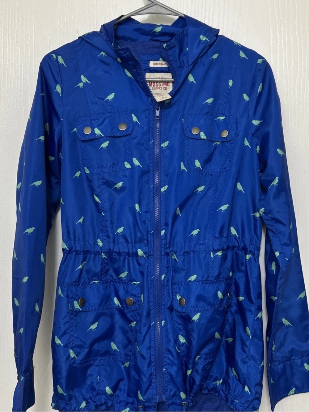 Mossimo Supply Co. Blue Hooded Lightweight Utility Jacket with Bird Print - Picture 2 of 6